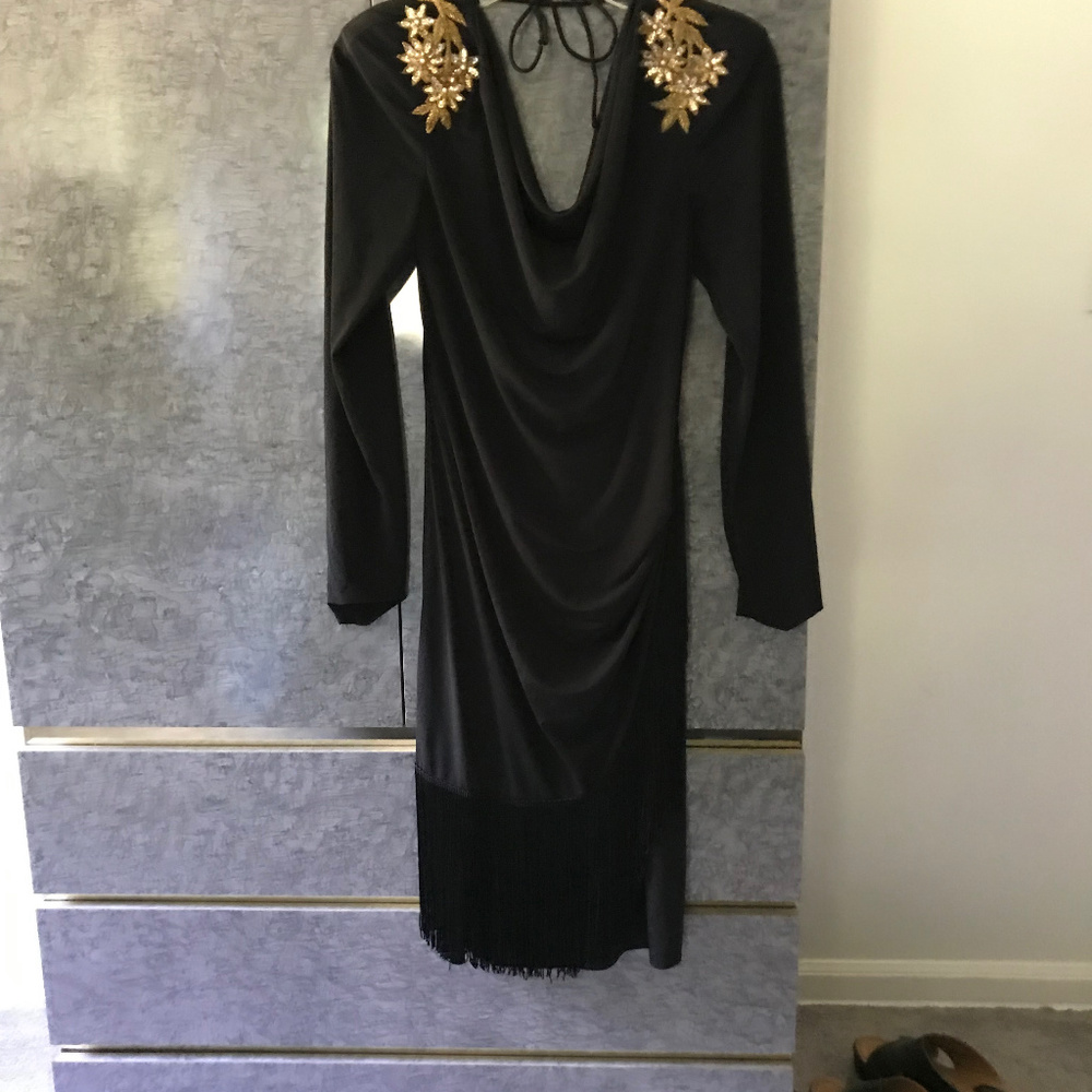 Elegant Black Dress/Fringe and Gold Applicates